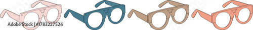 A row of four stylized eyeglasses in various muted pastel colors, showcasing a simple, modern design