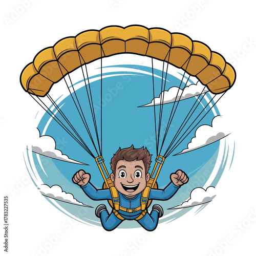 A smiling man enjoys a thrilling skydive under a large yellow parachute against a blue sky.
