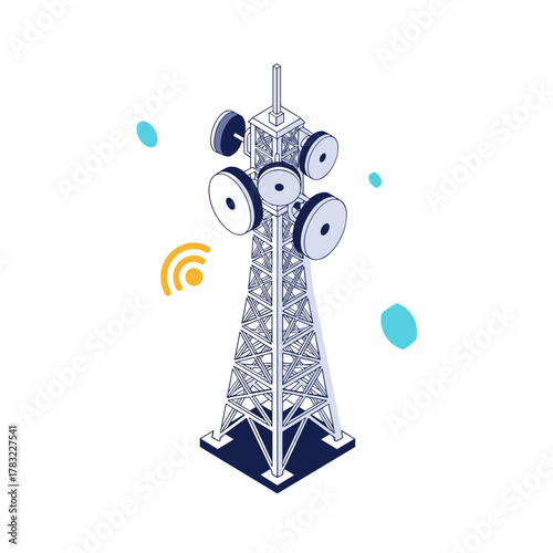 Illustration of a telecommunications tower with broadcast equipment and signal waves