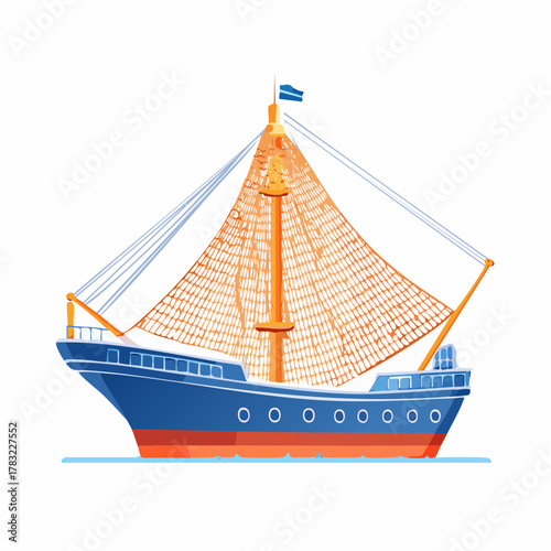 Blue sailing ship with orange sails