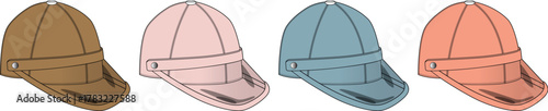 A colorful set of four illustrated baseball caps in brown, pink, blue, and orange, showcasing variety and style choices for casual fashion accessories