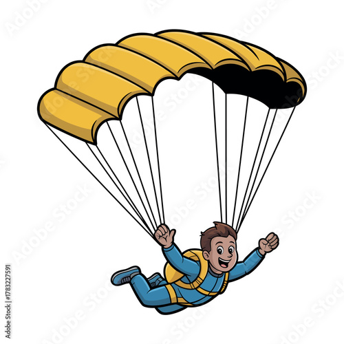 A cartoon man is skydiving with a yellow parachute against a white background.