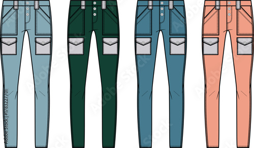 Set of colorful skinny cargo pants for men. Fashion flat technical sketch vector illustration for apparel design and clothing manufacturing