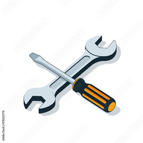 A detailed illustration of a crossed wrench and screwdriver tool set for maintenance and repair tasks.
