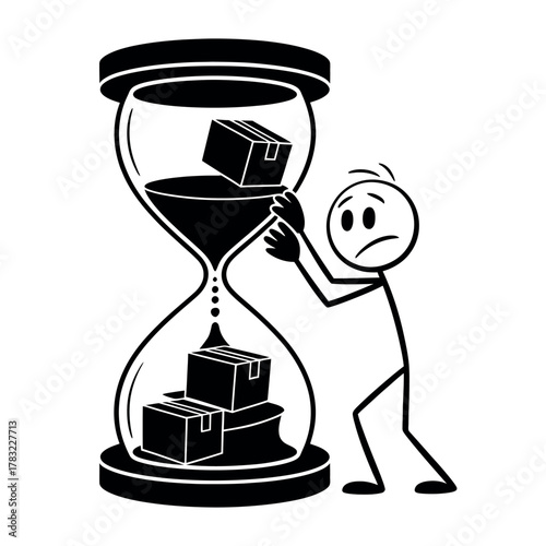 A frustrated stick figure struggles with time management as parcels fall through an hourglass.