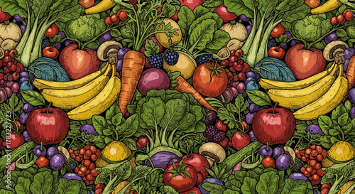 A vibrant, seamless pattern of hand-drawn organic fruits and vegetables, maximalist illustration style, colorful and busy, detailed linework with textured grains, for packaging design and wallpaper.