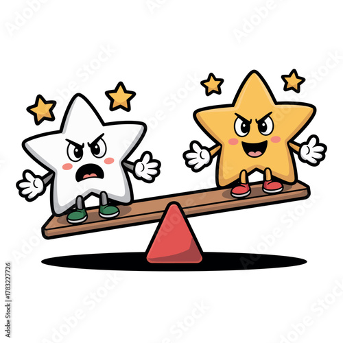 Two cartoon stars with angry expressions are balancing on a seesaw with different emotions.