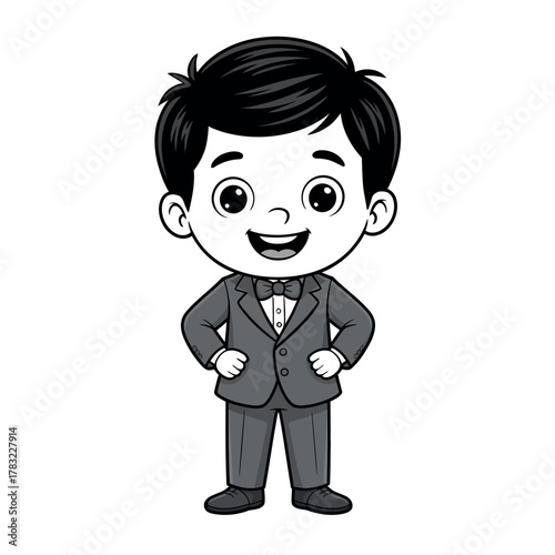 A cheerful cartoon boy in a formal suit stands with his hands on his hips.