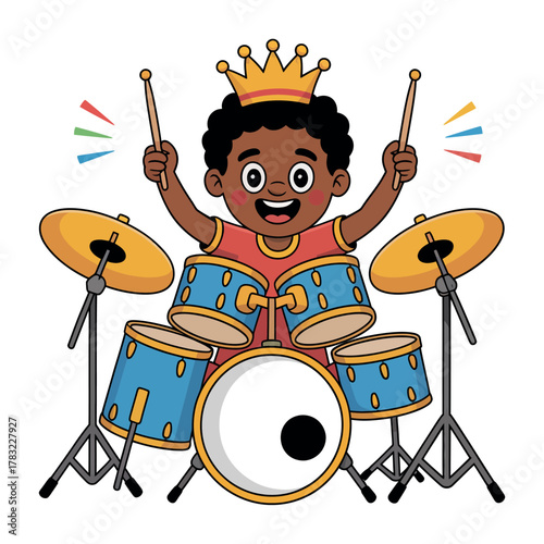 A joyful child wearing a crown plays a drum kit with enthusiasm, celebrating musical talent.