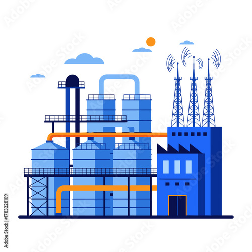 An industrial plant with silos and communication towers.