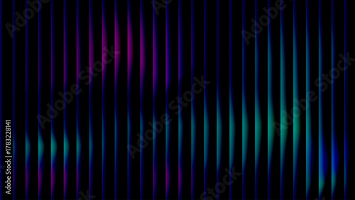 Ultrawide wavy neon glass stripes on black, teal and purple gradient light bars abstract banner background