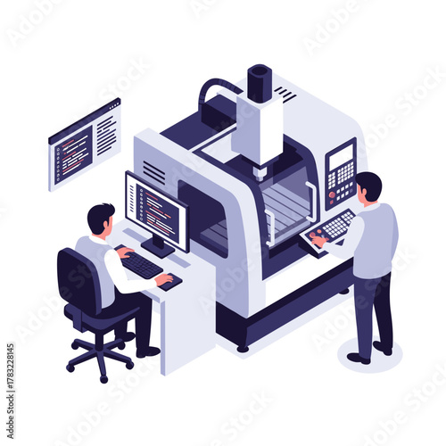 Two engineers work together on a modern advanced manufacturing machine and computer system.