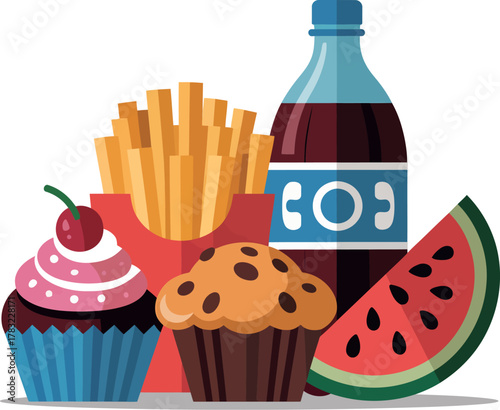 A variety of tempting junk food and a refreshing slice of watermelon are displayed.