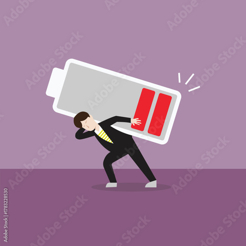 an employee is tired from work and is illustrated as carrying a weak battery