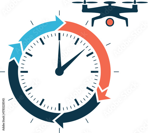 Drone flies above clock indicating time-sensitive aerial surveillance and delivery services.
