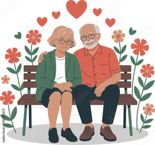 A loving elderly couple sits together on a park bench surrounded by flowers and hearts.