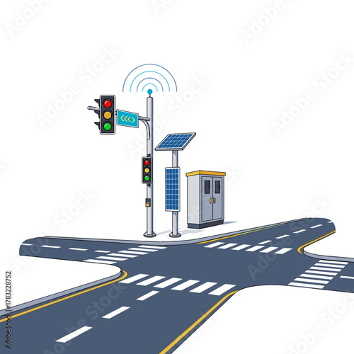 Intelligent traffic signal system using solar power and wireless communication for urban road intersections.