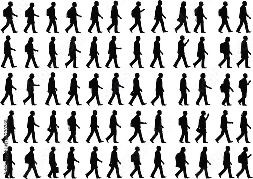 Walking silhouette collection, human motion, black figures, gait study, animation asset, posture variation, biometric design, digital illustration, movement pattern