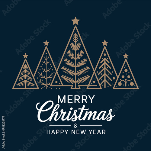 Stylized Christmas trees and festive greetings for Merry Christmas and Happy New Year.