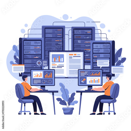 Data center infrastructure and network management professionals collaborating on system performance analysis.
