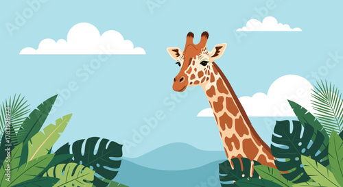 A friendly cartoon giraffe peeks from behind vibrant tropical jungle leaves, set against a calm blue sky and distant hills.