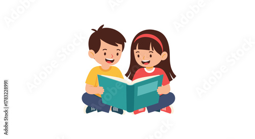 Two happy children, a boy and a girl, sit together and read a book, enjoying the story and learning.