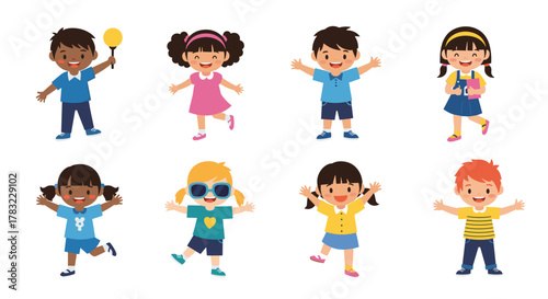 Eight happy and diverse young children smiling and posing cheerfully on a clean white background, representing innocence and joy.