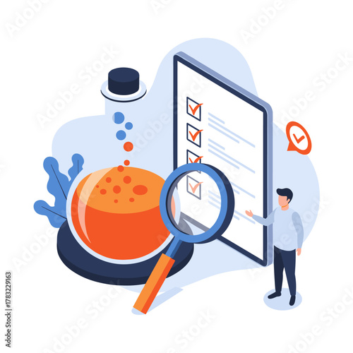 Research and development process with checklist and magnifying glass examination.