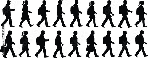 Walking silhouette set, diverse human figures, black outlines, posture variation, accessory detail, animation asset, motion study, digital design, gait reference