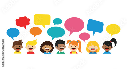 Colorful speech bubbles float above a diverse group of smiling children, symbolizing communication, interaction, and sharing ideas.