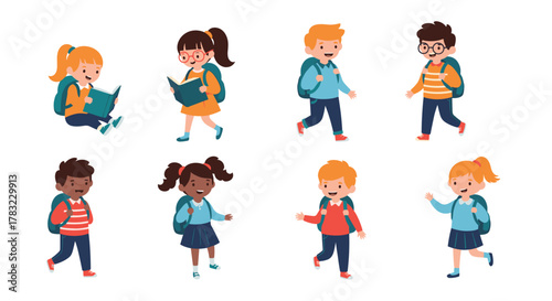 Diverse group of happy cartoon children with school backpacks, some walking and others reading, ready for learning and education.