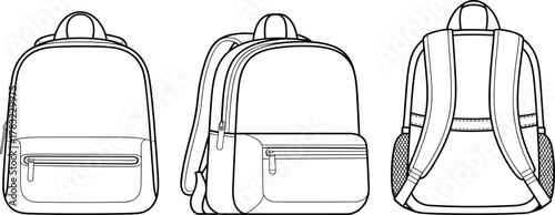 Cad drawing flat vector illustration, technical backpack sketch, front side rear view, outline design, fashion accessory template, editable