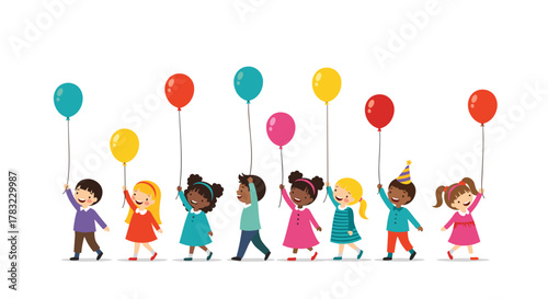 A diverse group of happy children joyfully walks in a line, each holding a colorful balloon, ready for a celebration.