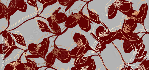 Vector botanical luxe abstract background with golden branches, leaves and flowers