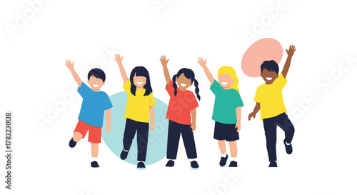 A diverse group of five happy children, smiling and waving cheerfully, standing together against a clean white background with abstract shapes.
