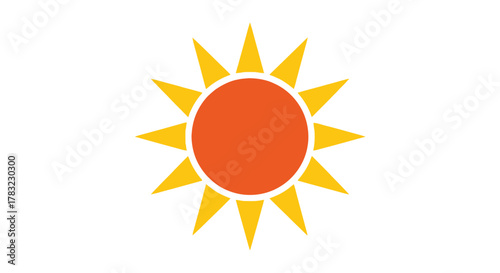 Stylized orange and yellow sun icon illustration representing summer heat, energy, light, weather forecast, and sunny day graphic
