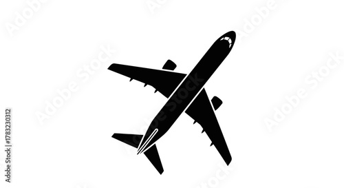 Overhead view of a minimalist airplane silhouette icon, symbolizing global travel, aviation, and air transportation on a clean background.