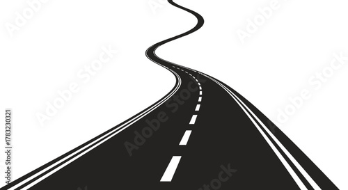 Curved winding asphalt road with white dashed and double solid lines receding into perspective, symbolizing journey and future path vector illustration.
