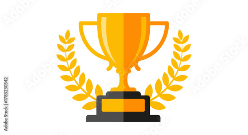 Golden trophy cup with laurel wreath illustration, symbolizing achievement, victory, success, and top performance reward icon graphic