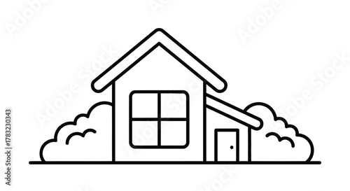 Simple line art drawing of a house with a pitched roof, a window, and surrounding bushes, ideal for icons, websites, and apps.
