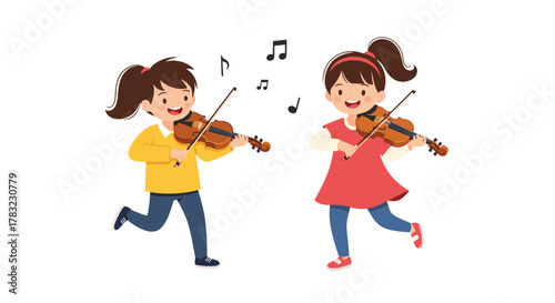 Happy young boy and girl joyfully playing their violins together, surrounded by musical notes, celebrating their love for music.