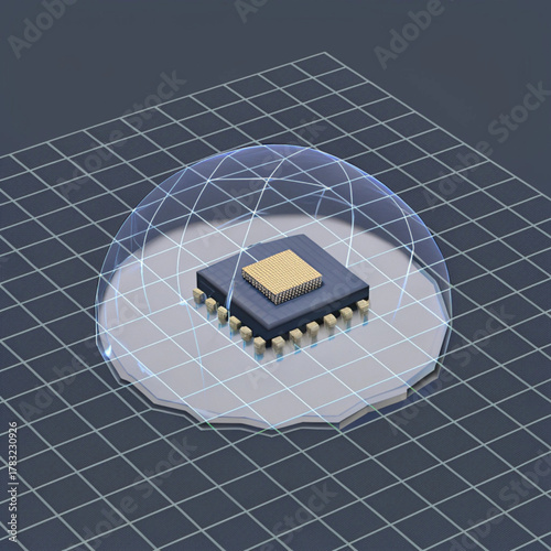 A conceptual 3D isometric illustration of a central CPU or AI microchip. The processor is connected by glowing blue lines to surrounding, smaller cube-like data nodes
