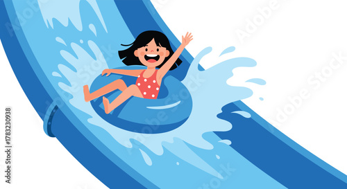 A happy young girl on an inflatable tube splashes with joy down a blue water slide, enjoying a thrilling summer day at the water park.