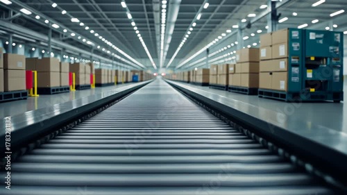 A perspective view of a warehouse conveyor belt with boxes, lights and industrial elements