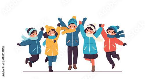 A group of cheerful children in colorful winter clothing are joyfully jumping and celebrating, sharing a moment of happiness and excitement.