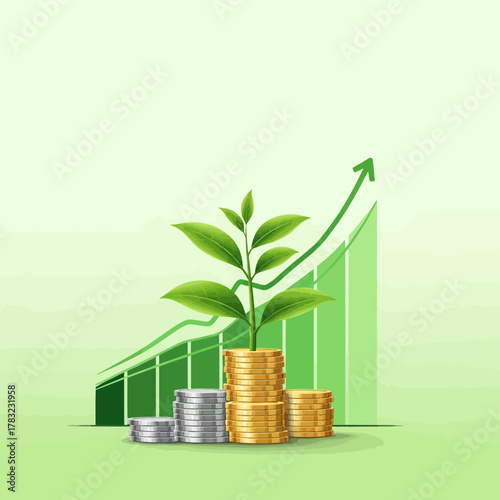 Green plant grows from stack of gold coins, symbolizing financial growth and investment success in a thriving business environment, optimistic and hopeful.