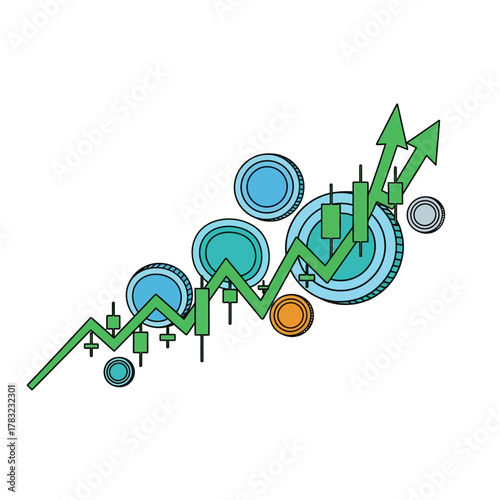 Rising stock market chart with coins and arrows indicates financial growth and investment success in a positive and optimistic manner.