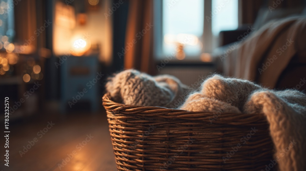 Obraz premium Wicker basket with knitted blanket indoors