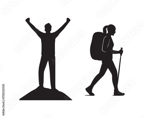 Silhouettes of hikers celebrating and trekking on a white background