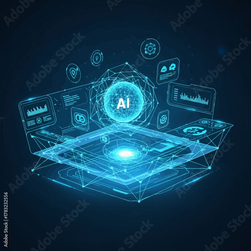 Artificial intelligence platform displaying complex data analysis with futuristic user interface elements in a modern, hightech environment, creating a sense of innovation and progress.
